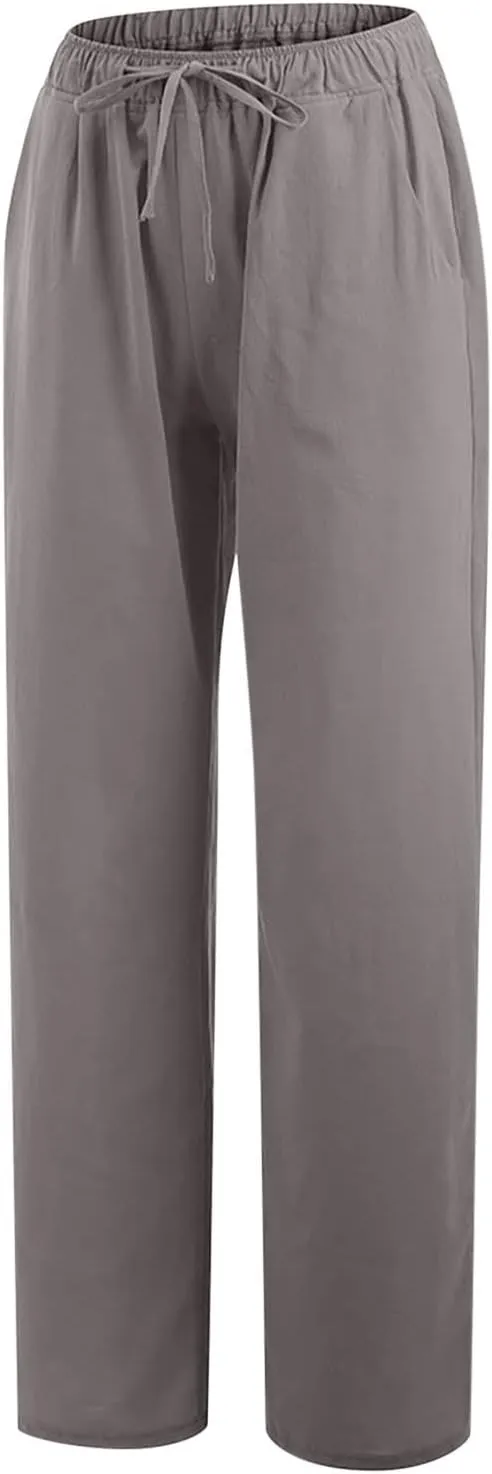 Xiaojmake Womens Linen Palazzo Pants Summer Loose Wide Leg Pants Drawstring Tie Elastic High Waist Trousers with Side Pockets