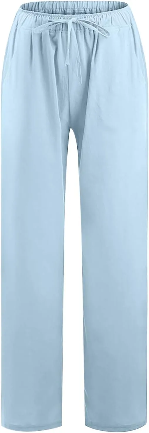 Xiaojmake Womens Linen Palazzo Pants Summer Loose Wide Leg Pants Drawstring Tie Elastic High Waist Trousers with Side Pockets