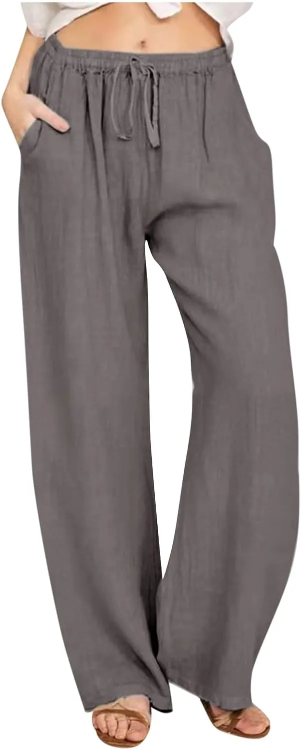Xiaojmake Womens Linen Palazzo Pants Summer Loose Wide Leg Pants Drawstring Tie Elastic High Waist Trousers with Side Pockets