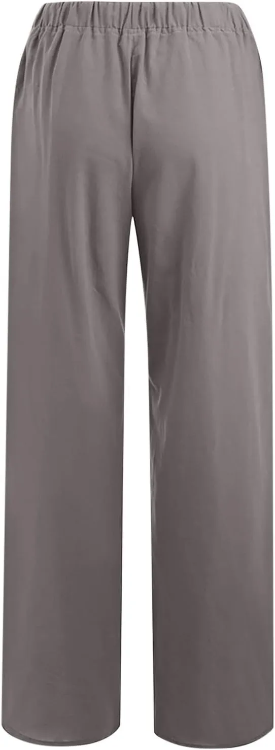 Xiaojmake Womens Linen Palazzo Pants Summer Loose Wide Leg Pants Drawstring Tie Elastic High Waist Trousers with Side Pockets