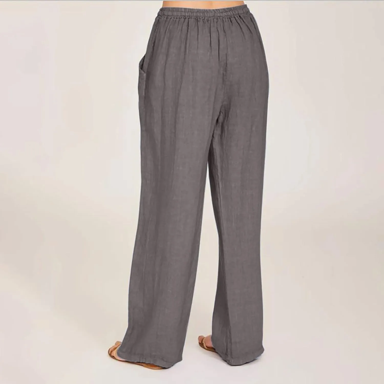 Xiaojmake Womens Linen Palazzo Pants Summer Loose Wide Leg Pants Drawstring Tie Elastic High Waist Trousers with Side Pockets