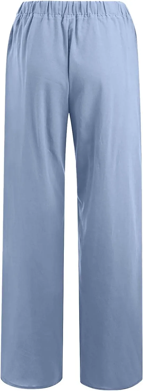 Xiaojmake Womens Linen Palazzo Pants Summer Loose Wide Leg Pants Drawstring Tie Elastic High Waist Trousers with Side Pockets