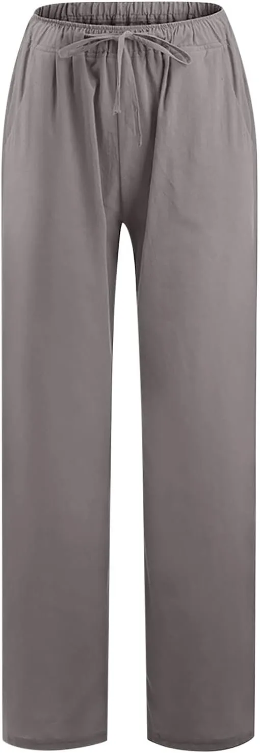 Xiaojmake Womens Linen Palazzo Pants Summer Loose Wide Leg Pants Drawstring Tie Elastic High Waist Trousers with Side Pockets
