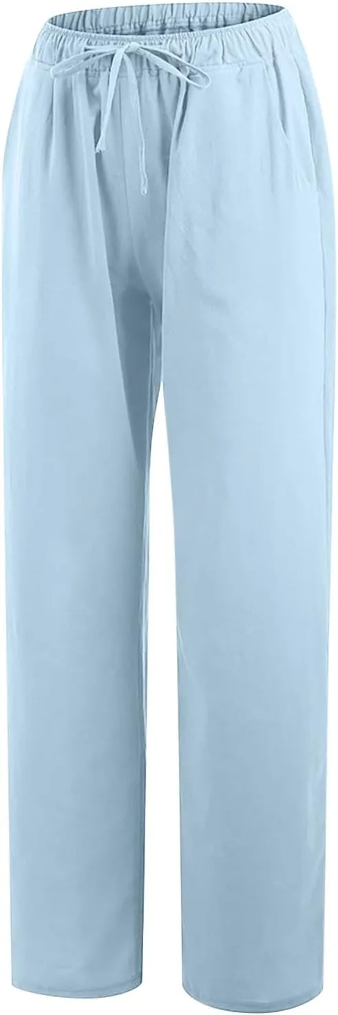 Xiaojmake Womens Linen Palazzo Pants Summer Loose Wide Leg Pants Drawstring Tie Elastic High Waist Trousers with Side Pockets