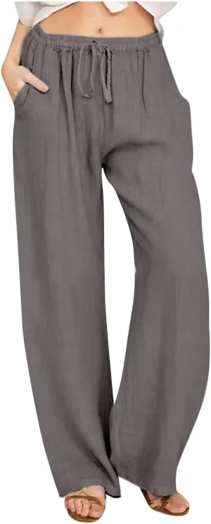 Xiaojmake Womens Linen Palazzo Pants Summer Loose Wide Leg Pants Drawstring Tie Elastic High Waist Trousers with Side Pockets