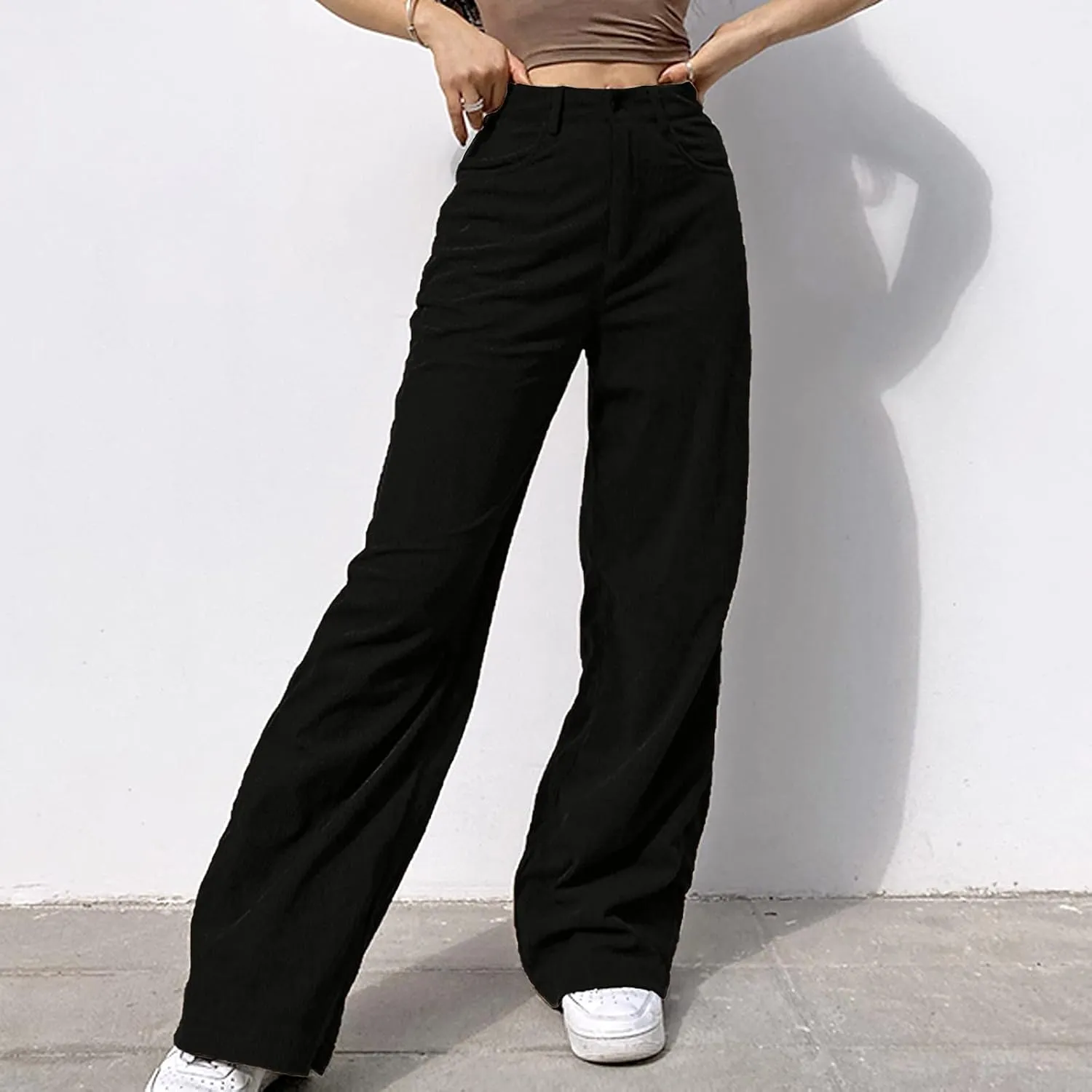 YOLAI Women Corduroy Wide Leg Pants High Waist Straight Leg Trousers Autumn Winter Casual Business Work Trousers