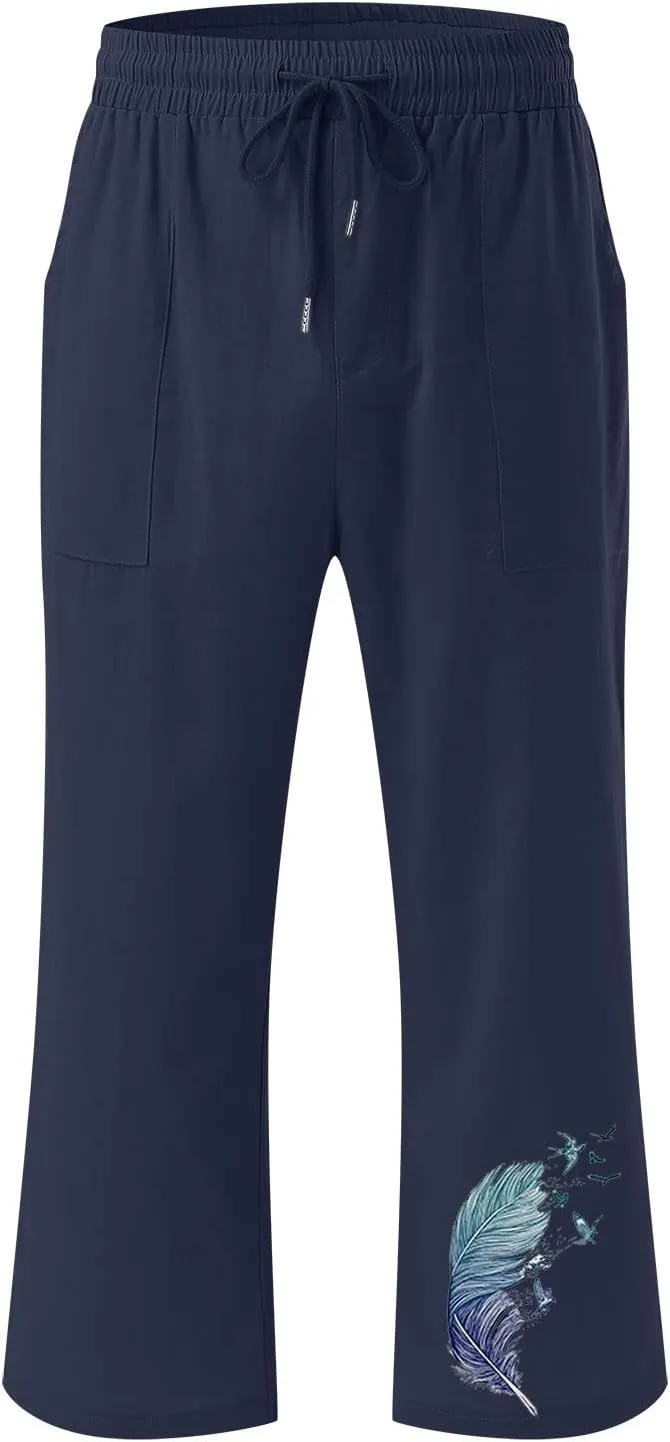 YOLAI Women Feather Printed Drawstring Trousers Elastic High Waist Pant Straight Wide Leg Cropped Capri Pants with Pockets (Navy, M)