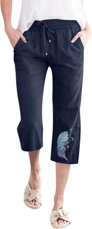 YOLAI Women Feather Printed Drawstring Trousers Elastic High Waist Pant Straight Wide Leg Cropped Capri Pants with Pockets (Navy, M)