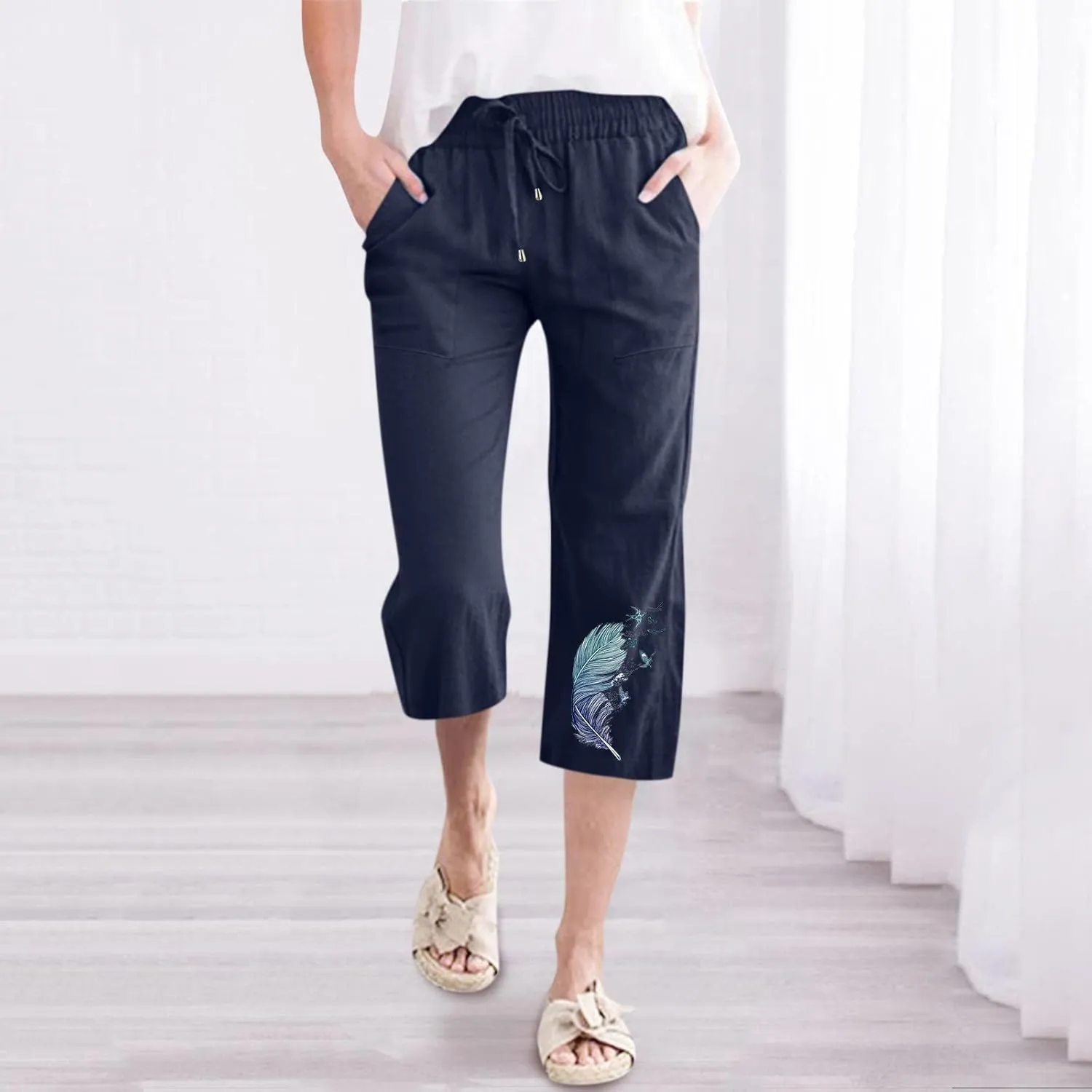 YOLAI Women Feather Printed Drawstring Trousers Elastic High Waist Pant Straight Wide Leg Cropped Capri Pants with Pockets (Navy, M)