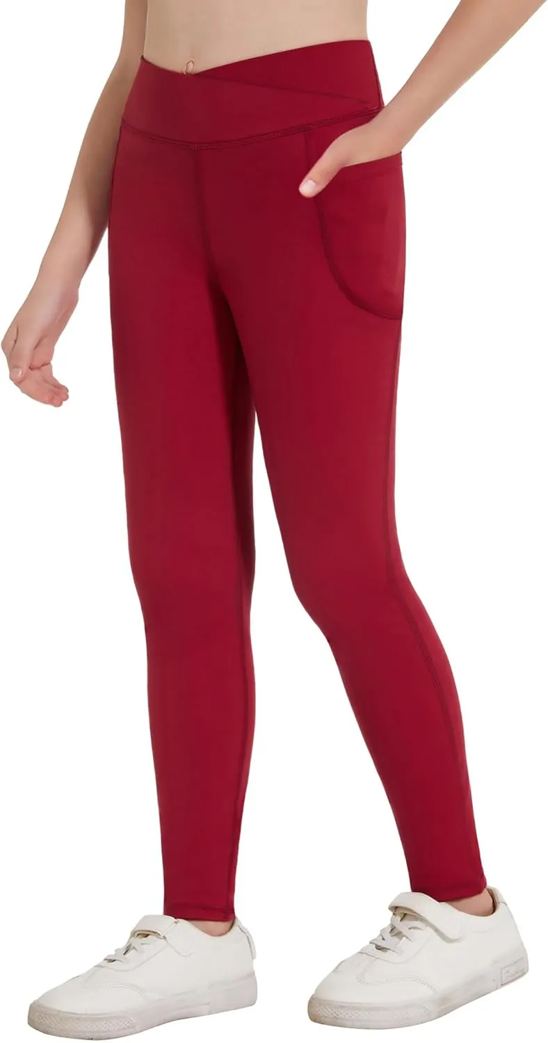 Zaclotre Girls Athletic Leggings Cross High Waisted Yoga Pants for Kids Dance Workout Running Tights with Pockets