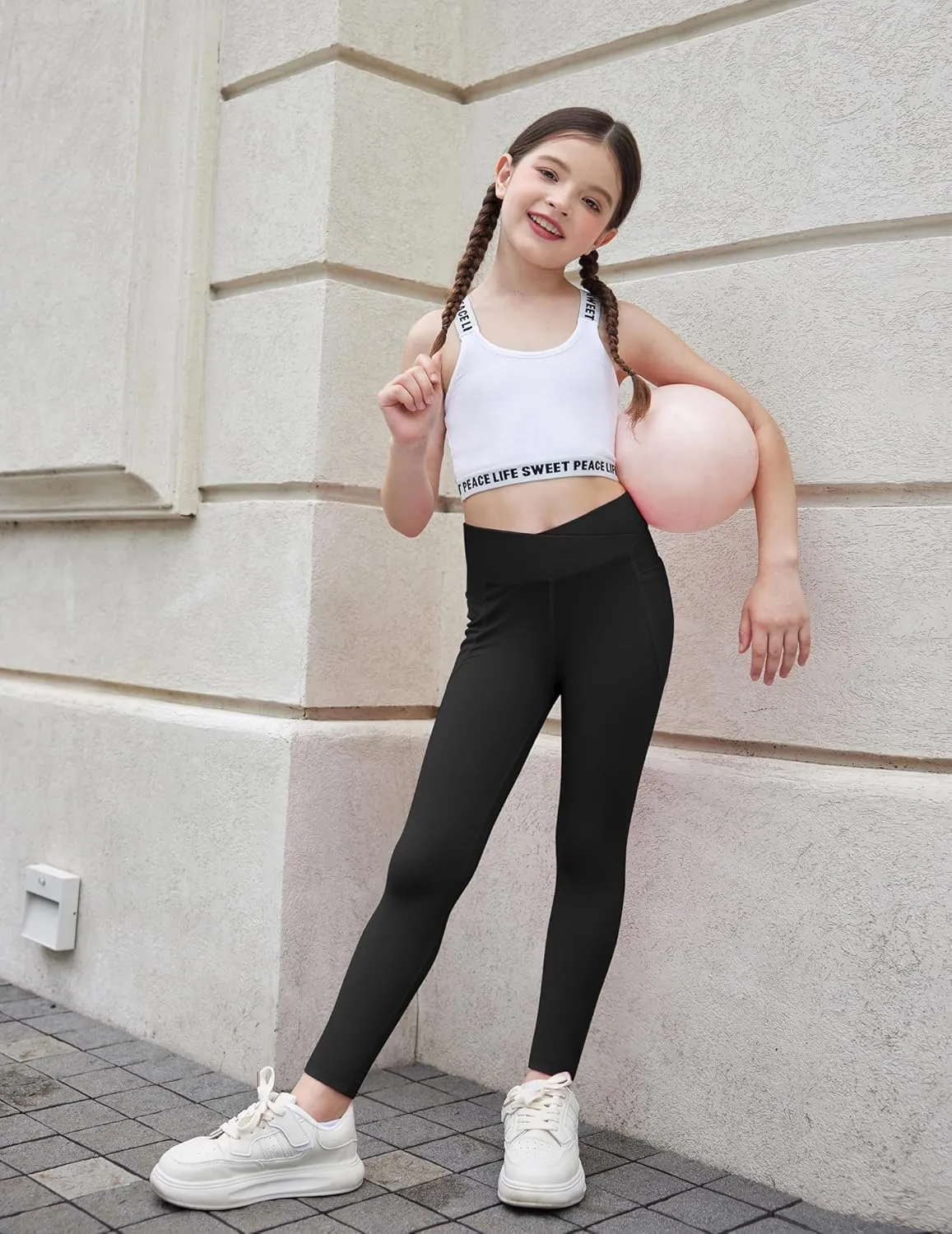 Zaclotre Girls Athletic Leggings Cross High Waisted Yoga Pants for Kids Dance Workout Running Tights with Pockets