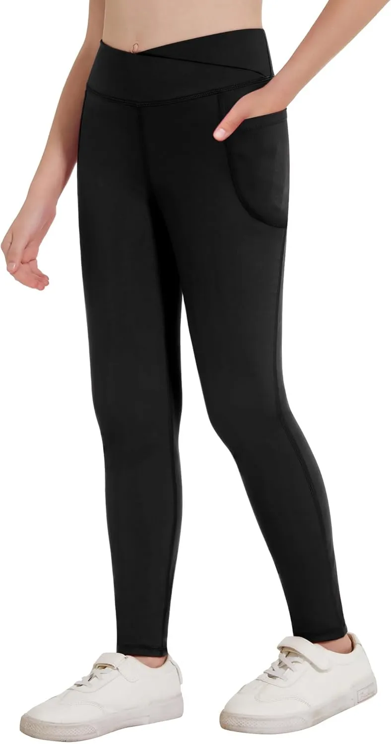 Zaclotre Girls Athletic Leggings Cross High Waisted Yoga Pants for Kids Dance Workout Running Tights with Pockets