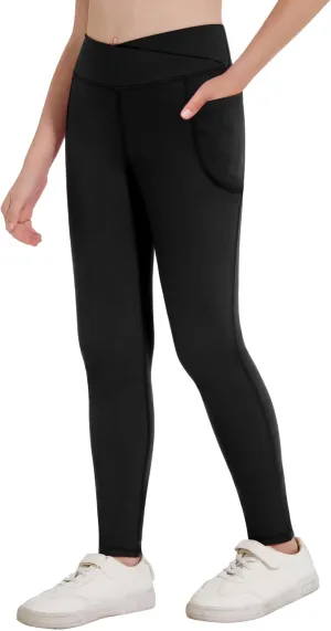 Zaclotre Girls Athletic Leggings Cross High Waisted Yoga Pants for Kids Dance Workout Running Tights with Pockets