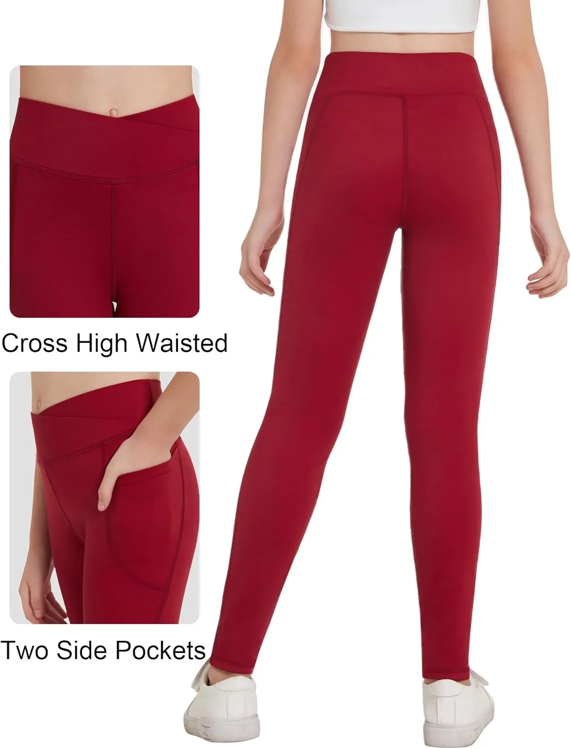 Zaclotre Girls Athletic Leggings Cross High Waisted Yoga Pants for Kids Dance Workout Running Tights with Pockets