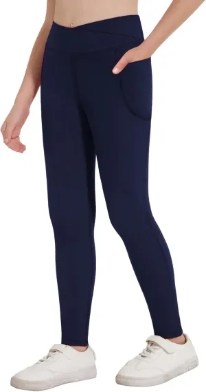 Zaclotre Girls Athletic Leggings Cross High Waisted Yoga Pants for Kids Dance Workout Running Tights with Pockets