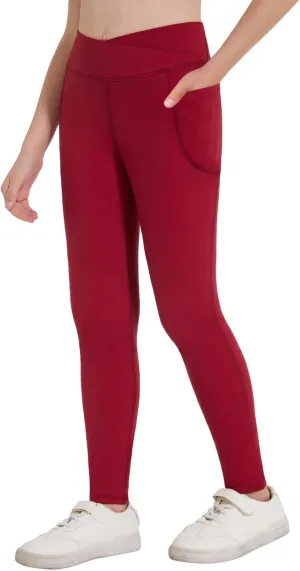 Zaclotre Girls Athletic Leggings Cross High Waisted Yoga Pants for Kids Dance Workout Running Tights with Pockets