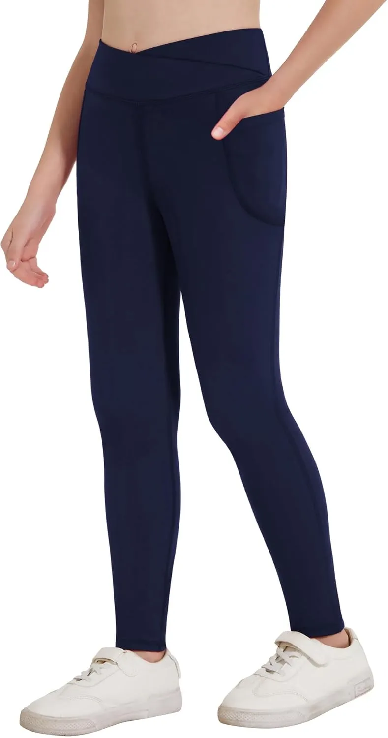 Zaclotre Girls Athletic Leggings Cross High Waisted Yoga Pants for Kids Dance Workout Running Tights with Pockets