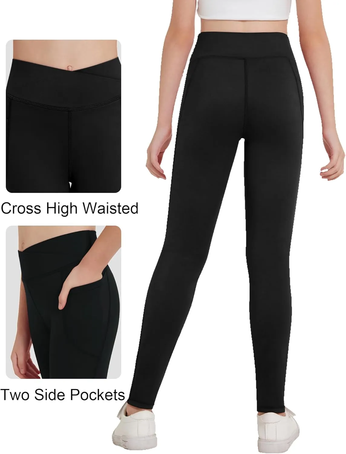 Zaclotre Girls Athletic Leggings Cross High Waisted Yoga Pants for Kids Dance Workout Running Tights with Pockets