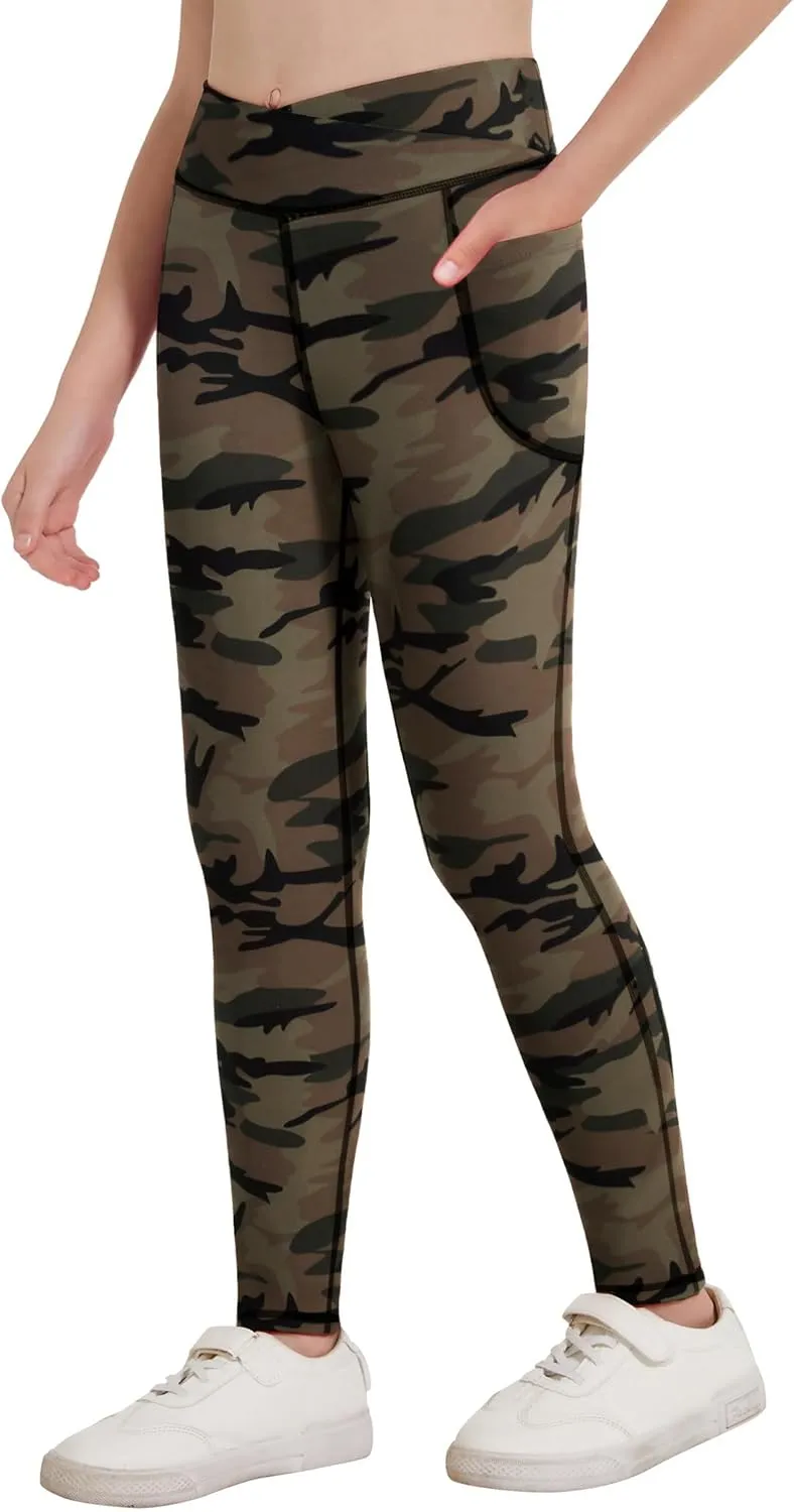 Zaclotre Girls Athletic Leggings Cross High Waisted Yoga Pants for Kids Dance Workout Running Tights with Pockets