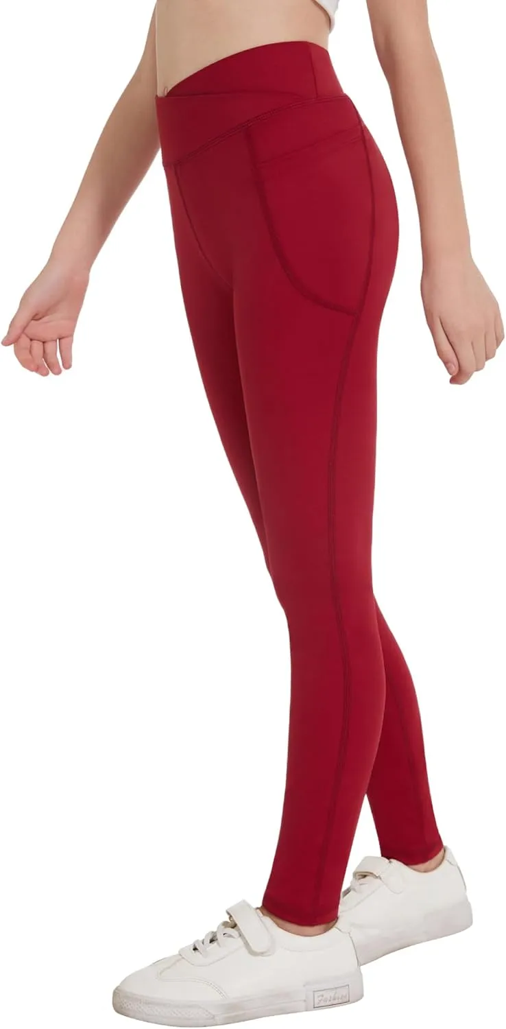 Zaclotre Girls Athletic Leggings Cross High Waisted Yoga Pants for Kids Dance Workout Running Tights with Pockets