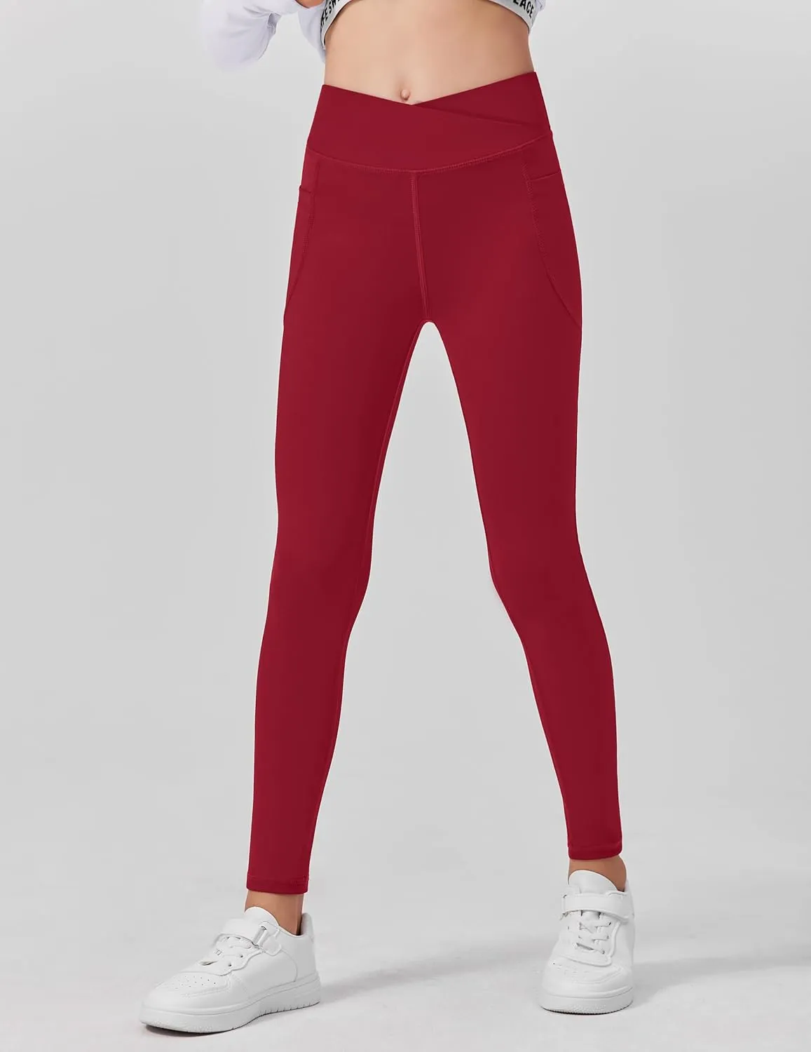 Zaclotre Girls Athletic Leggings Cross High Waisted Yoga Pants for Kids Dance Workout Running Tights with Pockets