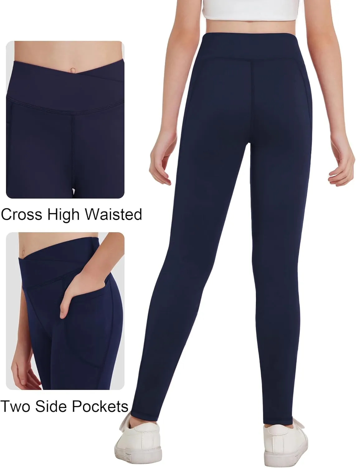 Zaclotre Girls Athletic Leggings Cross High Waisted Yoga Pants for Kids Dance Workout Running Tights with Pockets